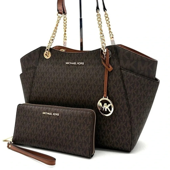 Michael Kors Large Jet Set Travel Chain Shoulder Bag & Continental Wallet Brown - Picture 1 of 15